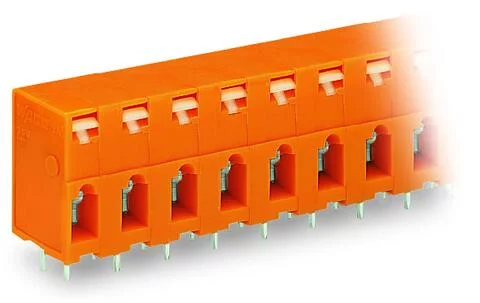 741-410 - Through-panel PCB terminal strip; 2 solder pins/pole; 10-pole; with integrated push-buttons; pin spacing 7.62 mm / 0.3 in; orange