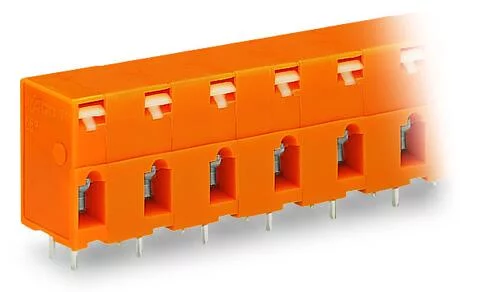 741-602 - Through-panel PCB terminal strip; 2 solder pins/pole; 2-pole; with integrated push-buttons; pin spacing 10.16 mm / 0.4 in; orange