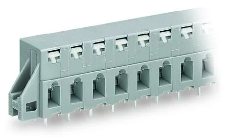 741-327 - Through-panel PCB terminal strip; 2 solder pins/pole; 7-pole; with integrated push-buttons; pin spacing 7.5 mm / 0.295 in; with fixing flanges; gray