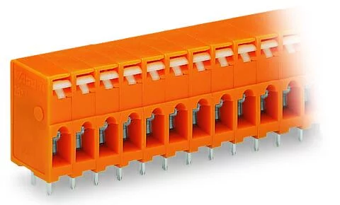 741-204 - PCB terminal strip; 2 solder pins/pole; 4-pole; with integrated push-buttons; pin spacing 5.08 mm / 0.2 in; orange
