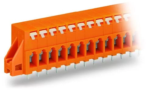 741-239 - Through-panel PCB terminal strip; 2 solder pins/pole; 9-pole; with integrated push-buttons; pin spacing 5.08 mm / 0.2 in; with fixing flanges; orange