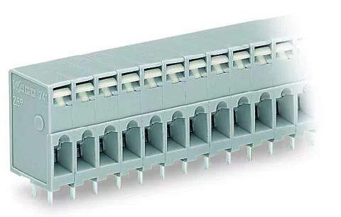 741-107 - Through-panel PCB terminal strip; 2 solder pins/pole; 7-pole; with integrated push-buttons; pin spacing 5 mm / 0.197 in; gray