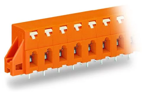 741-425 - Through-panel PCB terminal strip; 2 solder pins/pole; 5-pole; with integrated push-buttons; pin spacing 7.62 mm / 0.3 in; with fixing flanges; orange