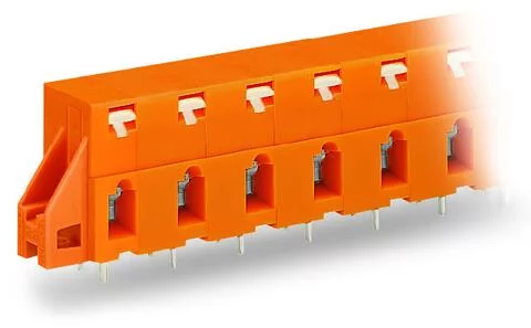 741-622 - Through-panel PCB terminal strip; 2 solder pins/pole; 2-pole; with integrated push-buttons; pin spacing 10.16 mm / 0.4 in; with fixing flanges; orange